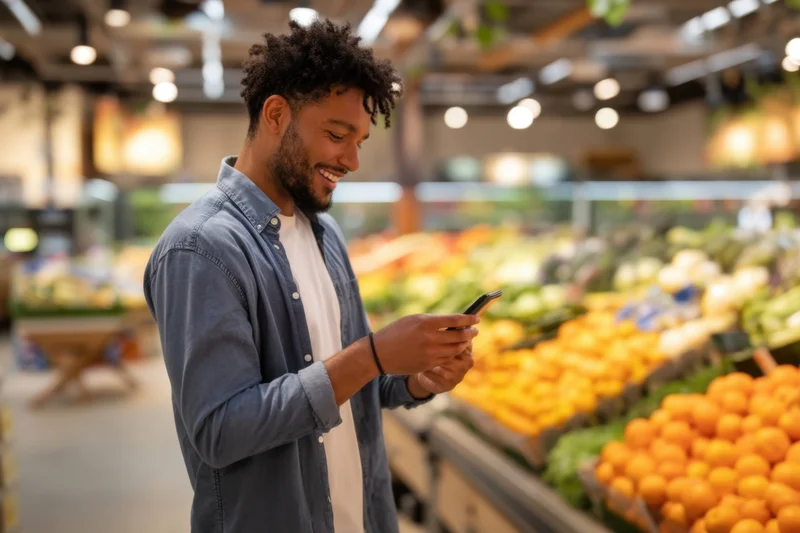 Young man smiling while using smartphone in grocery store produce section