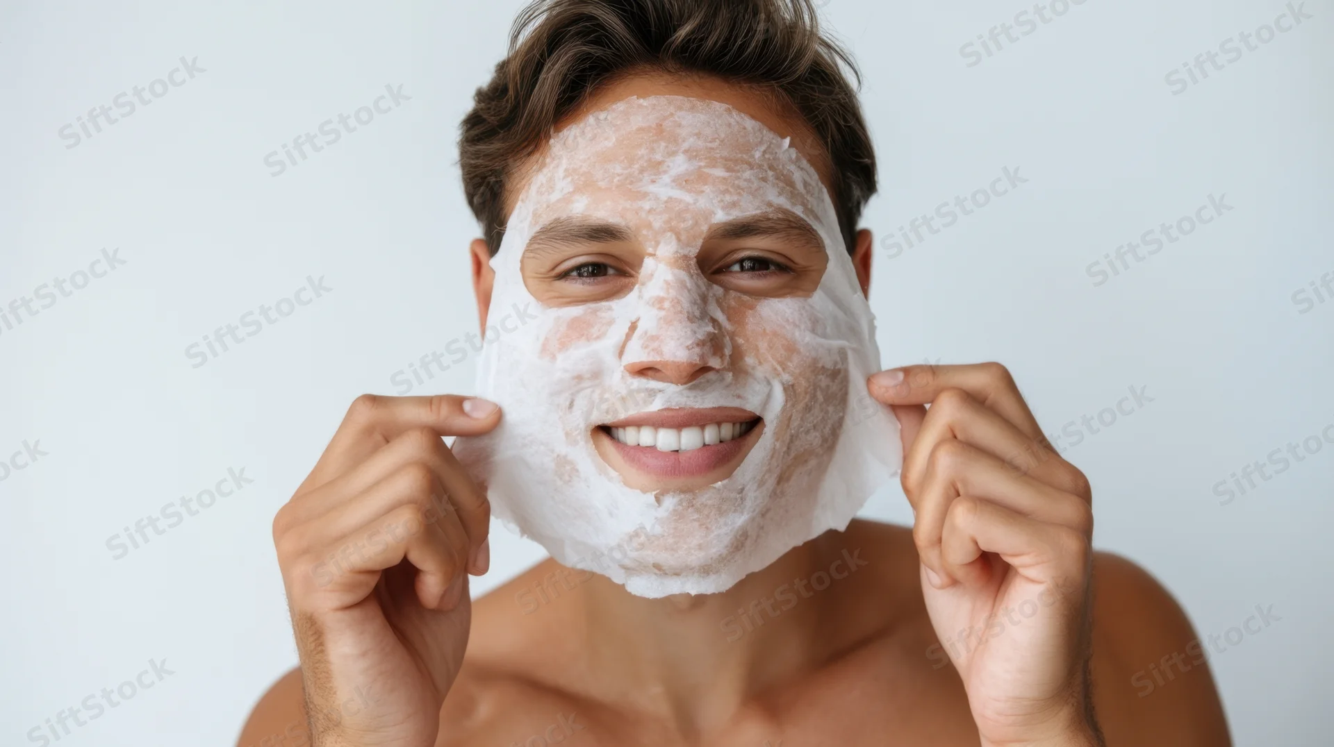 Young man applying white facial mask to his face, smiling, against plain white background