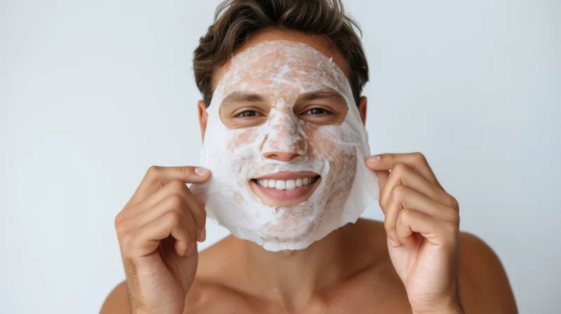 Young man applying white facial mask to his face, smiling, against plain white background