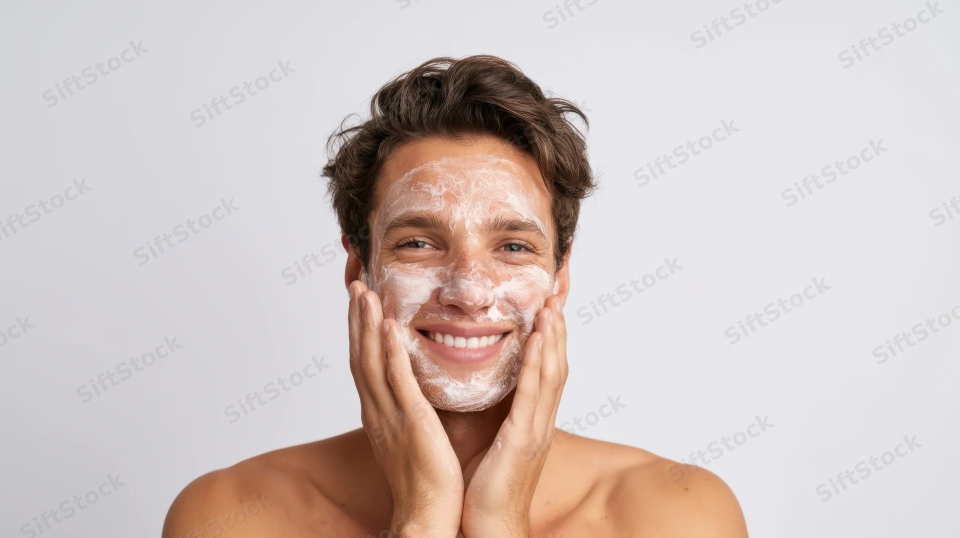 Young man smiling with shaving foam on his face, hands framing his cheeks, against white background