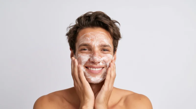 Young man smiling with shaving foam on his face, hands framing his cheeks, against white background
