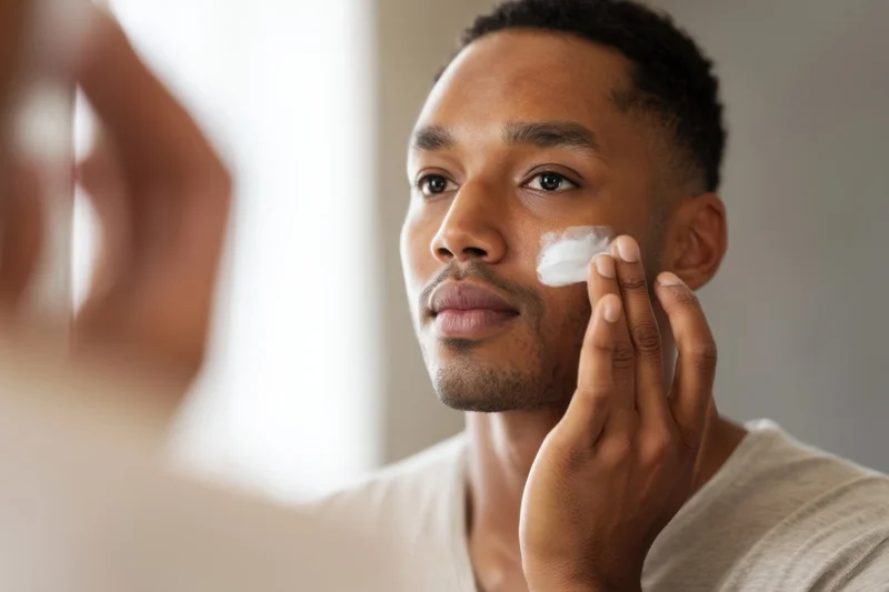 Young man applying moisturizer to his face in front of a mirror