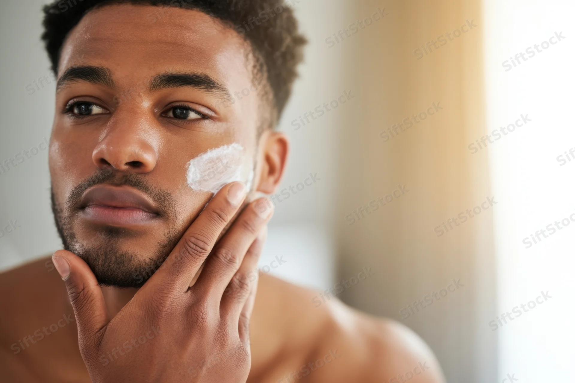 Young man applying cream to his face in a bathroom mirror