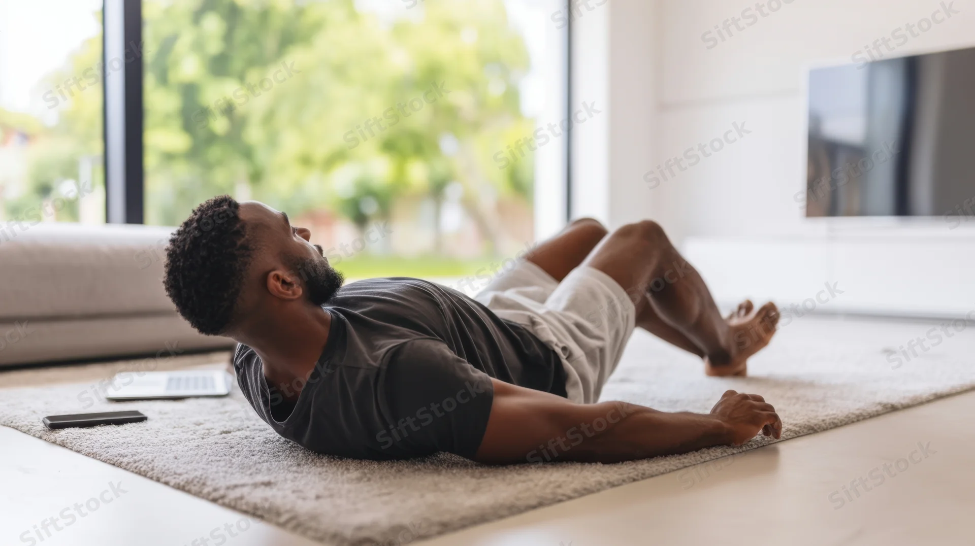 Young black man lying on rug in living room doing core exercise