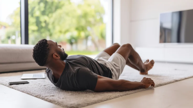 Young black man lying on rug in living room doing core exercise