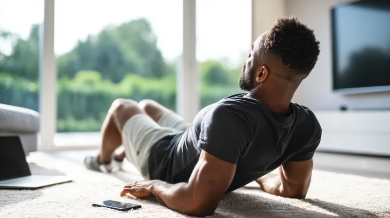 Young man doing pushups on carpet in living room with laptop and smartphone nearby