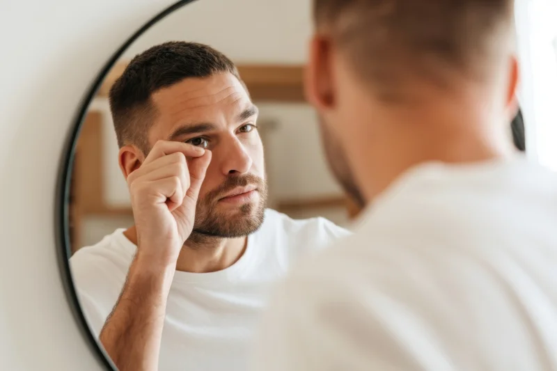 Young man examining his eye in mirror reflection while grooming in bathroom