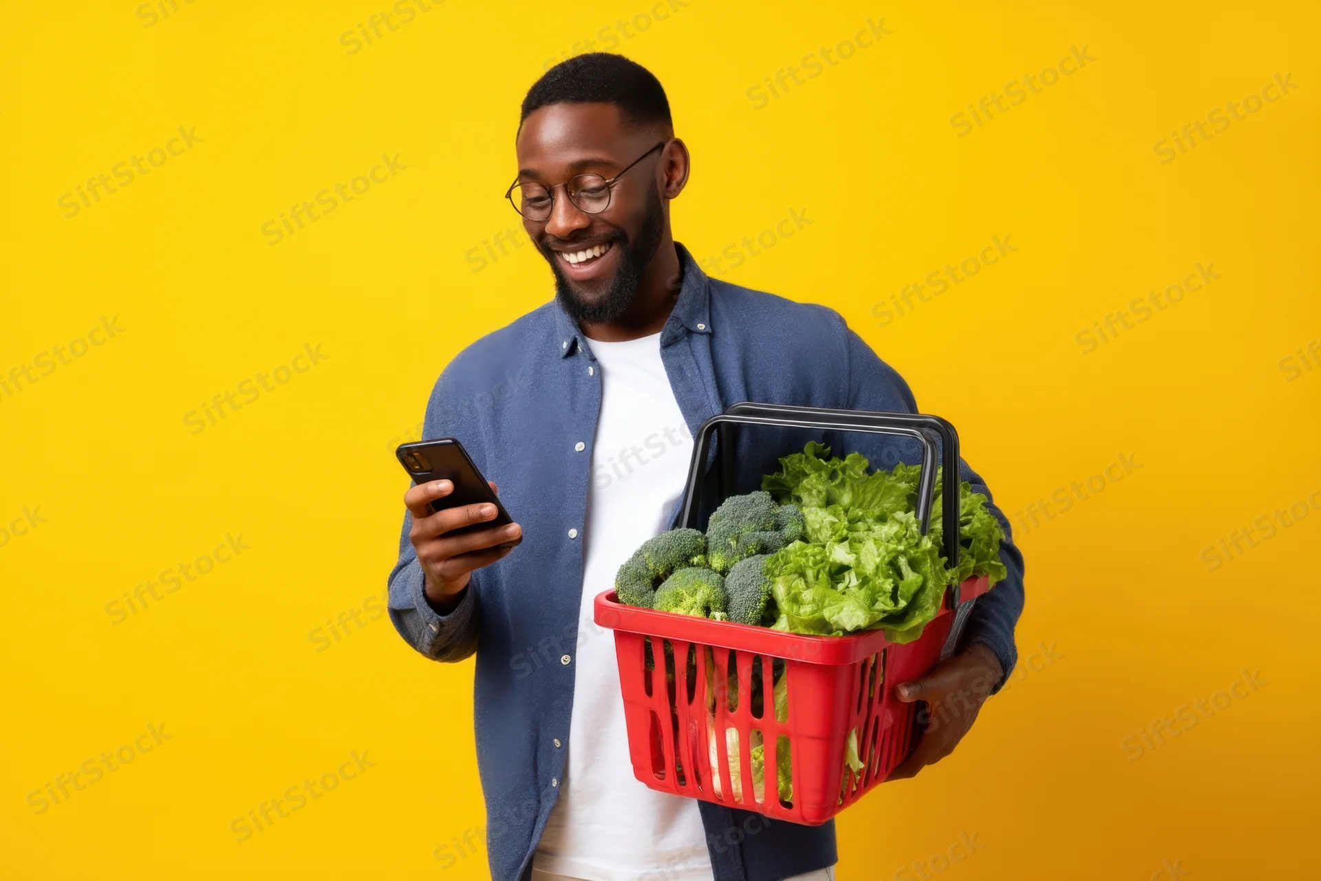 Young man smiling while holding a basket of fresh vegetables and using his smartphone against a yellow background