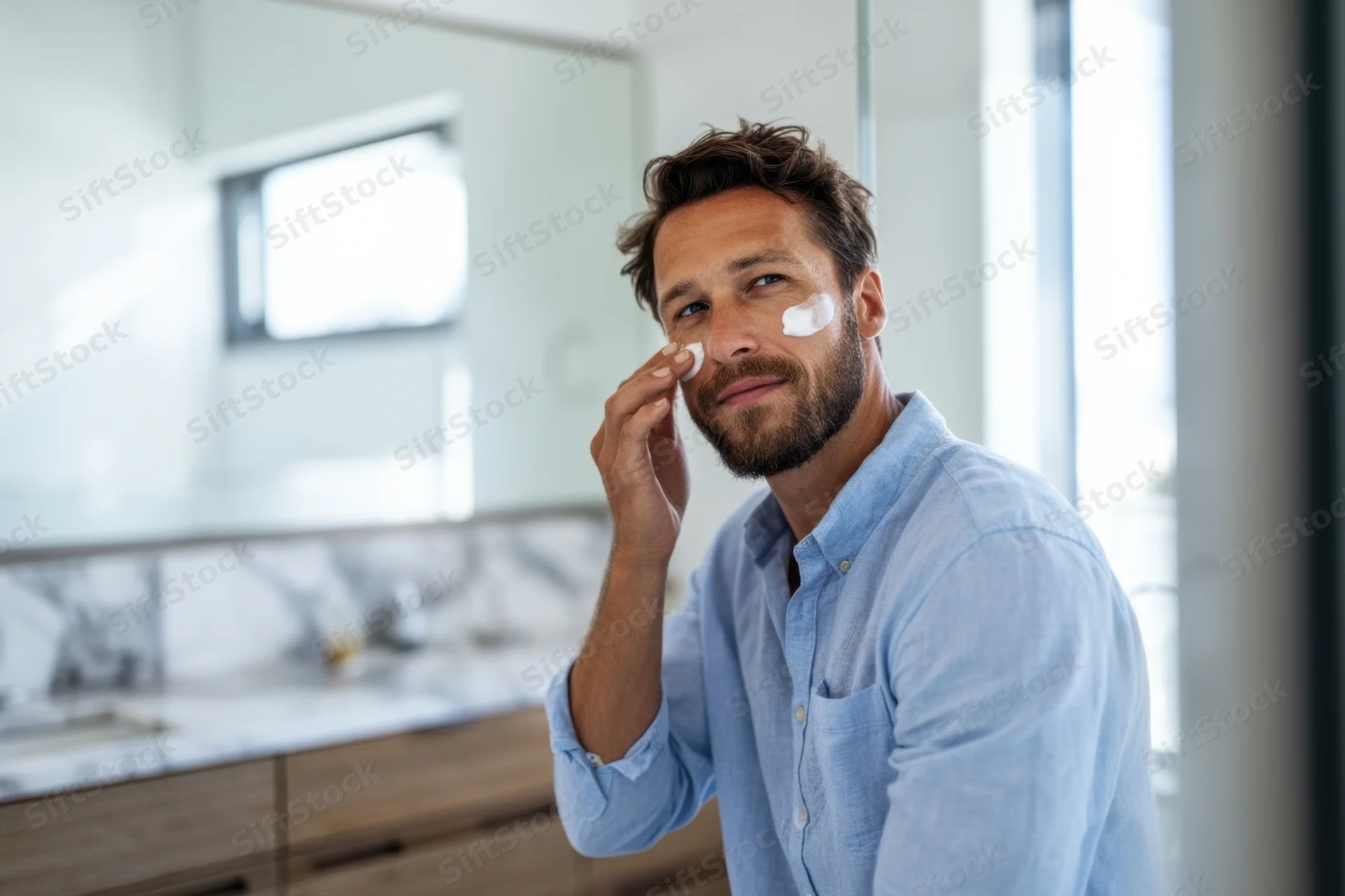Man applying cream to his face in bathroom mirror