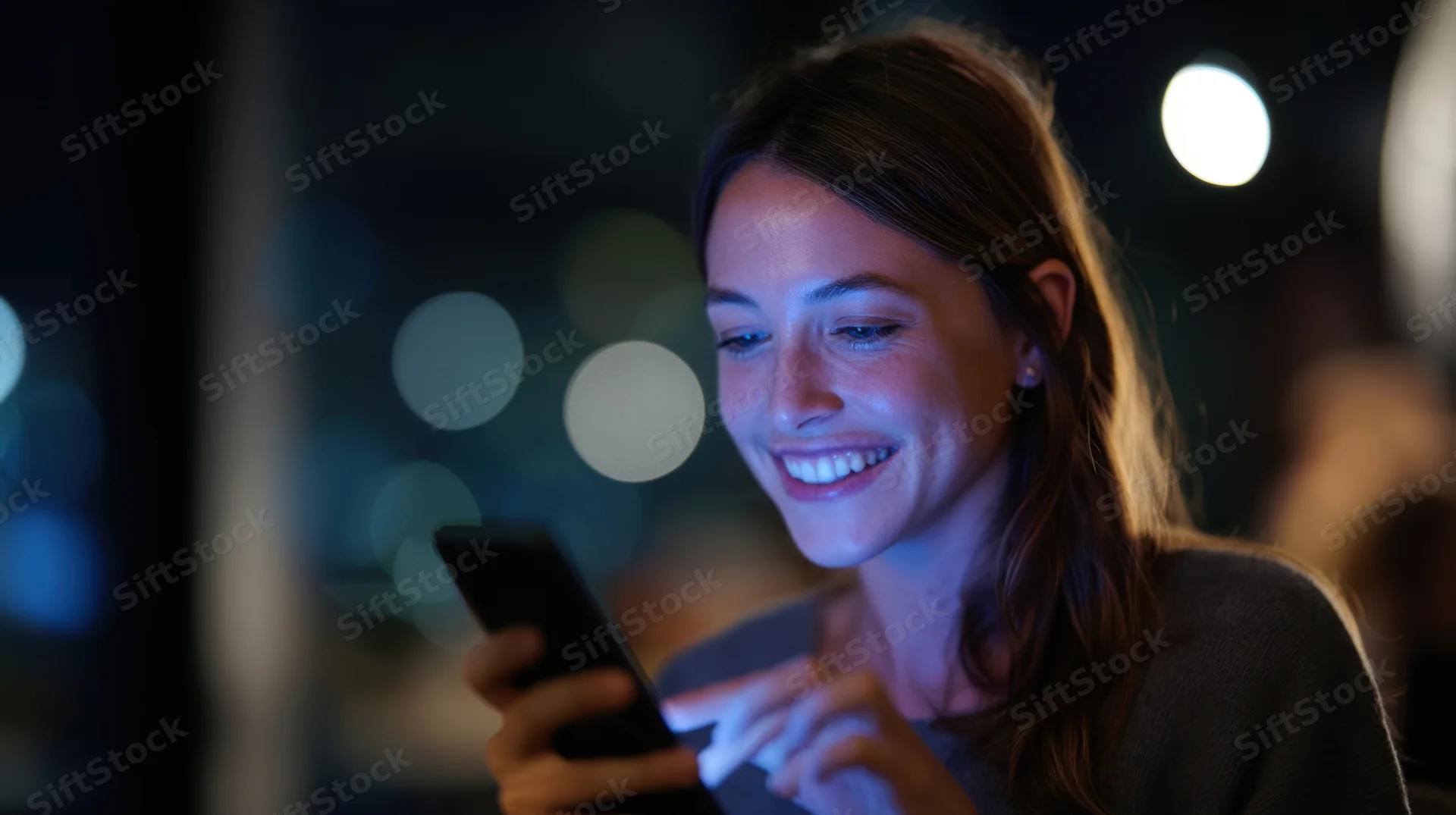 Young woman smiling while using smartphone outdoors at night
