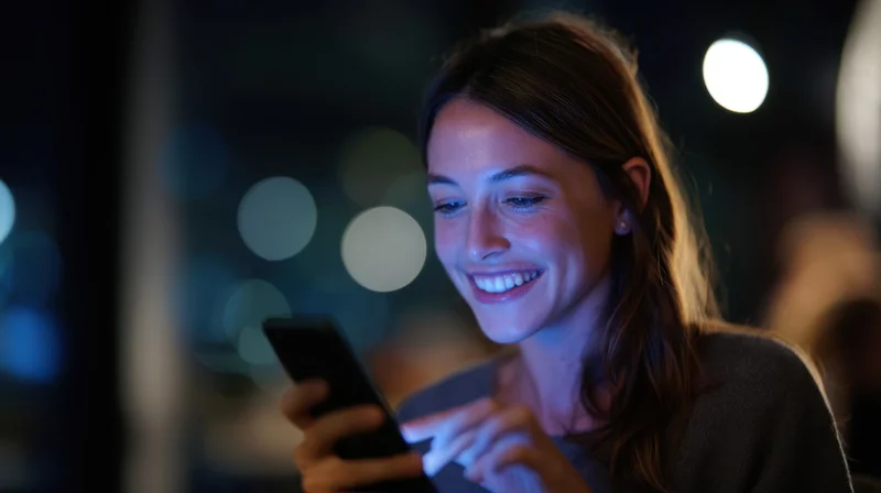 Young woman smiling while using smartphone outdoors at night