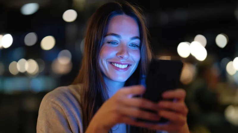 Young woman smiling while using smartphone outdoors at night in a city setting