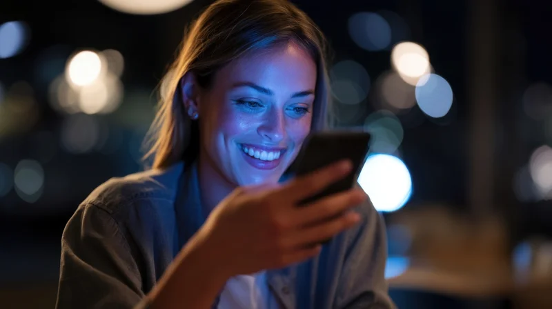 Young woman smiling while using smartphone outdoors at night