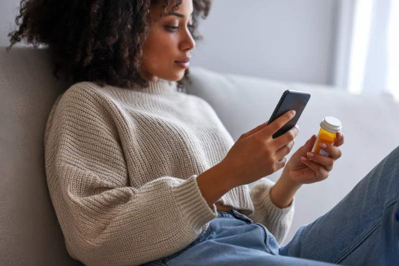 Young woman sitting on couch holding smartphone and prescription bottle, checking medication information