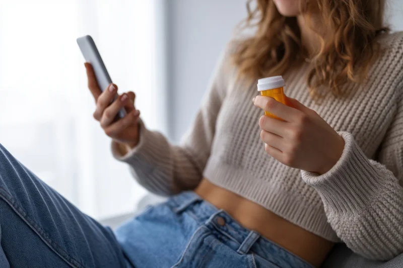 Woman holding smartphone and pill bottle while sitting at home