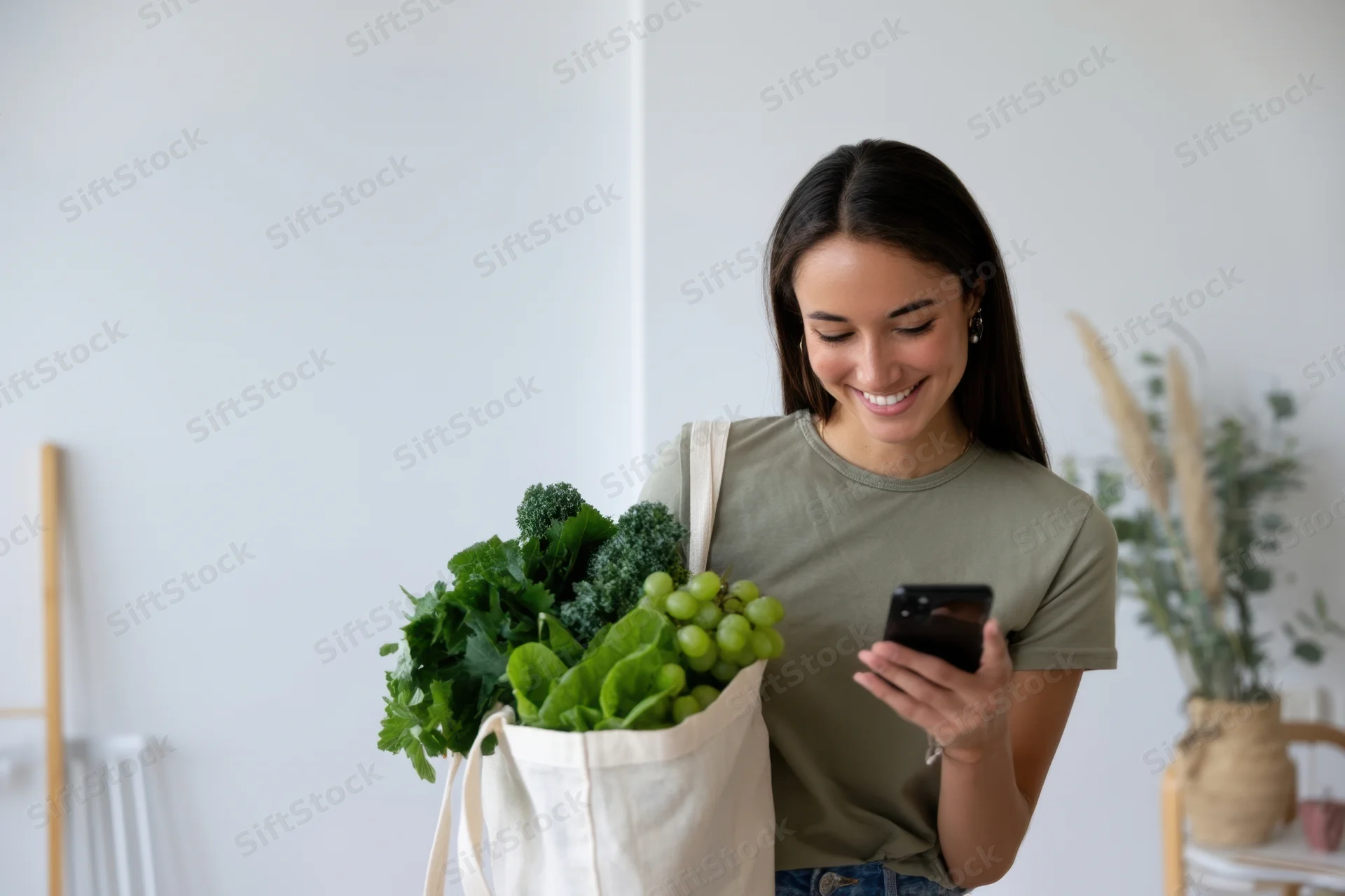 Young woman smiling while checking smartphone with bag of fresh vegetables in home interior