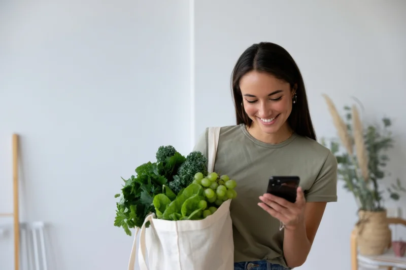 Young woman smiling while checking smartphone with bag of fresh vegetables in home interior