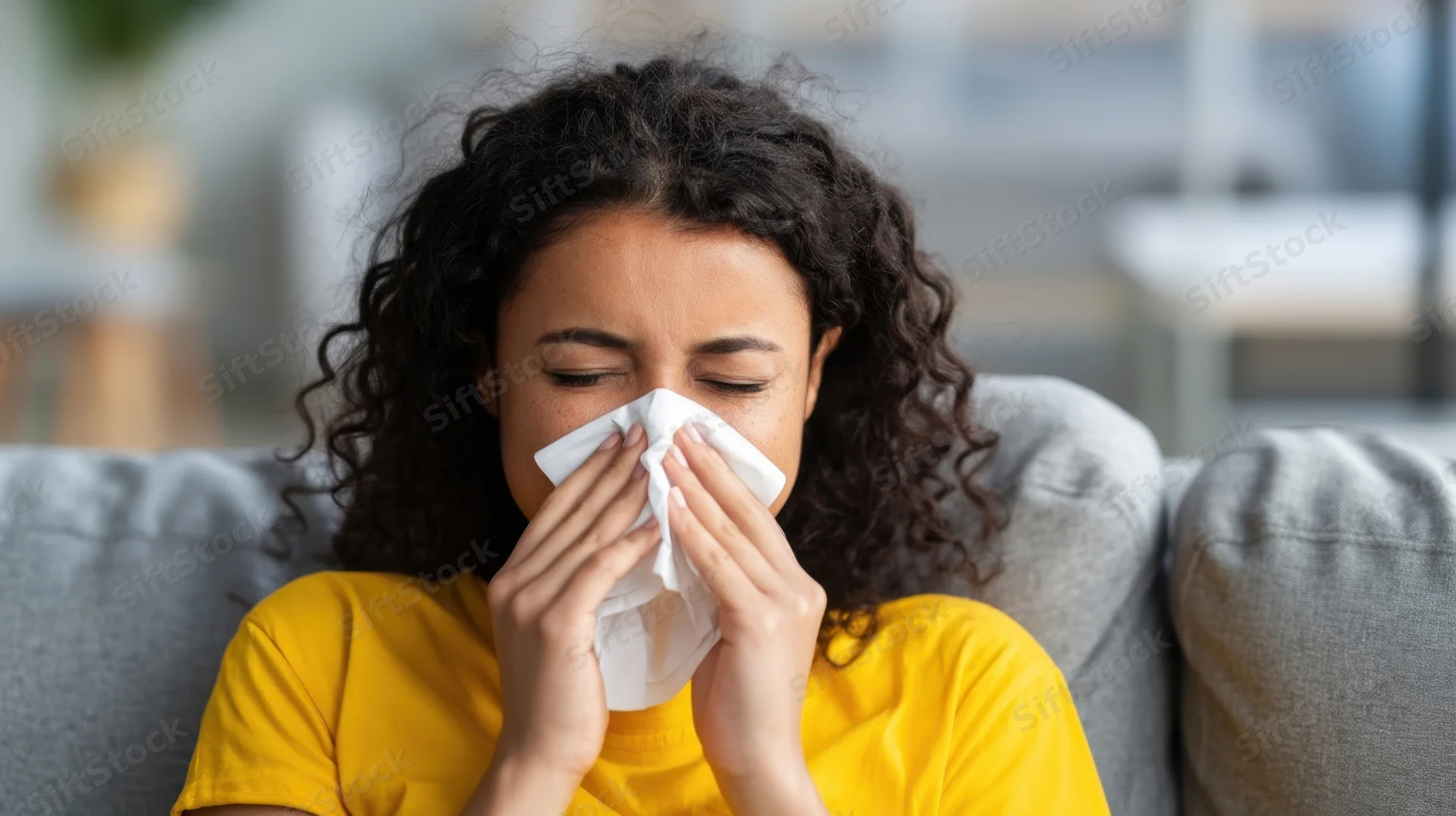 Young woman sneezing into tissue while sitting on couch at home