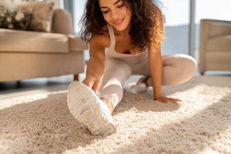 Young woman stretching on carpet in living room during morning workout