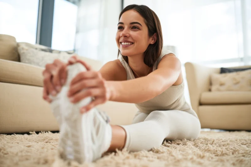 Young woman stretching on carpet in living room smiling