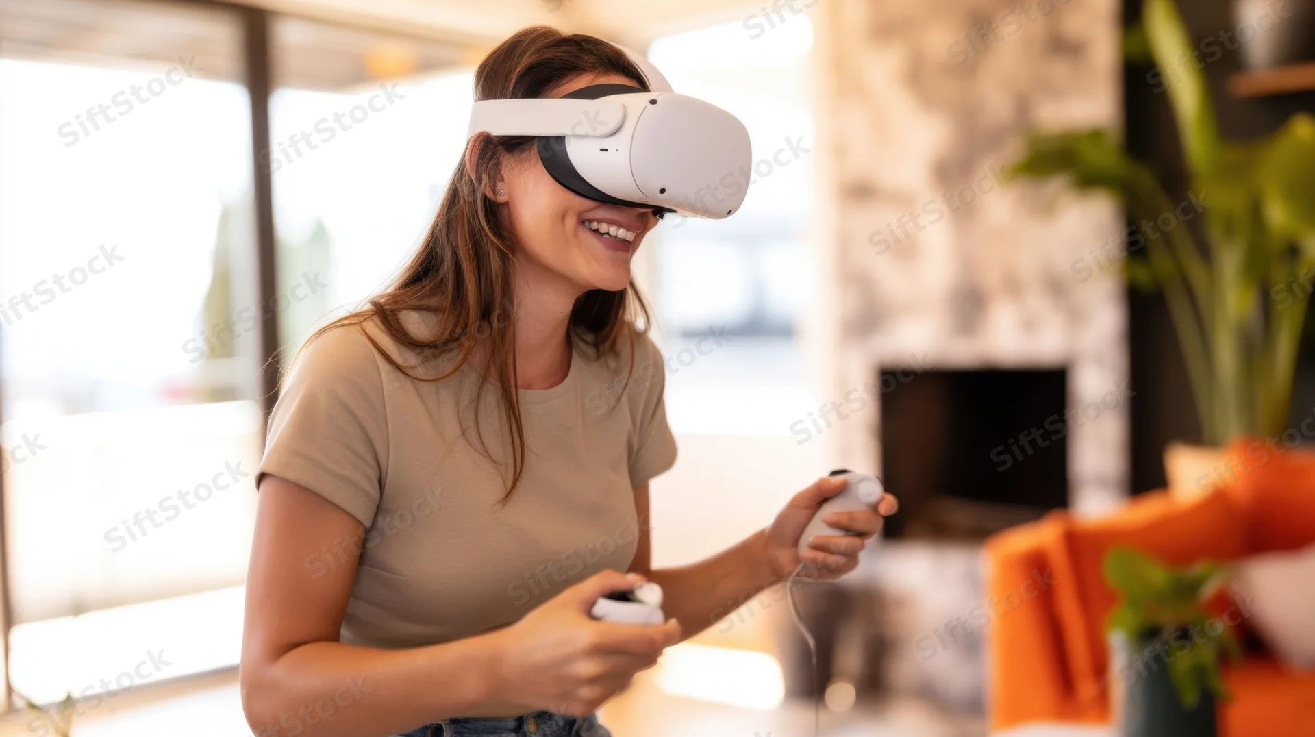 Young woman using vr headset and controllers in a cozy living room