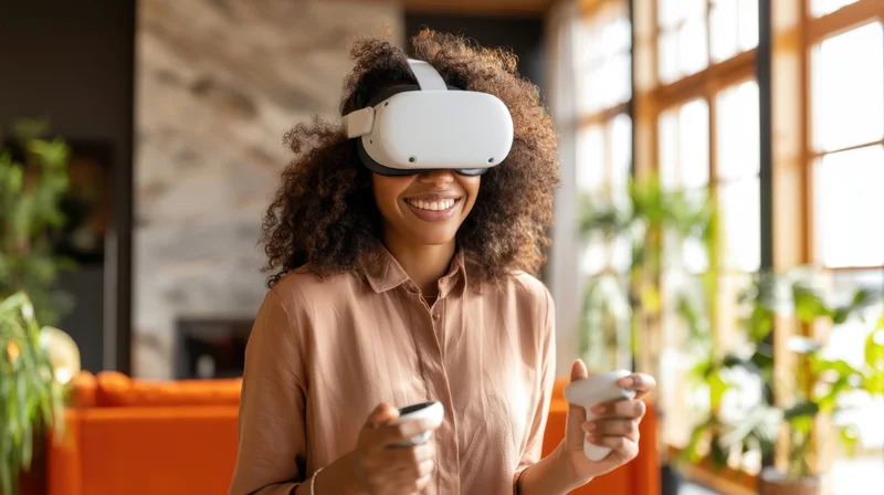 Young woman smiling while using vr headset and controllers in a bright living room with plants and orange sofa