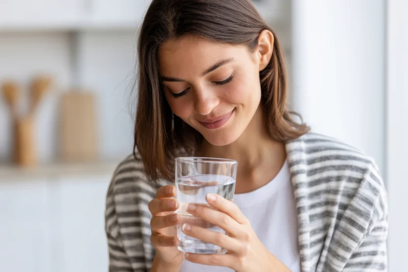Young woman smiling while holding a glass of water in a bright kitchen