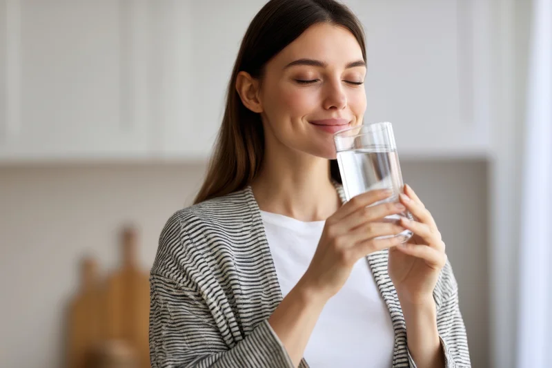 Young woman smiling while drinking water from a glass in a kitchen