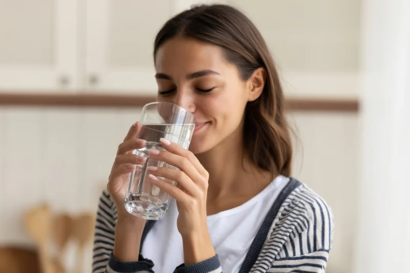 Young woman drinking water from a glass in a kitchen