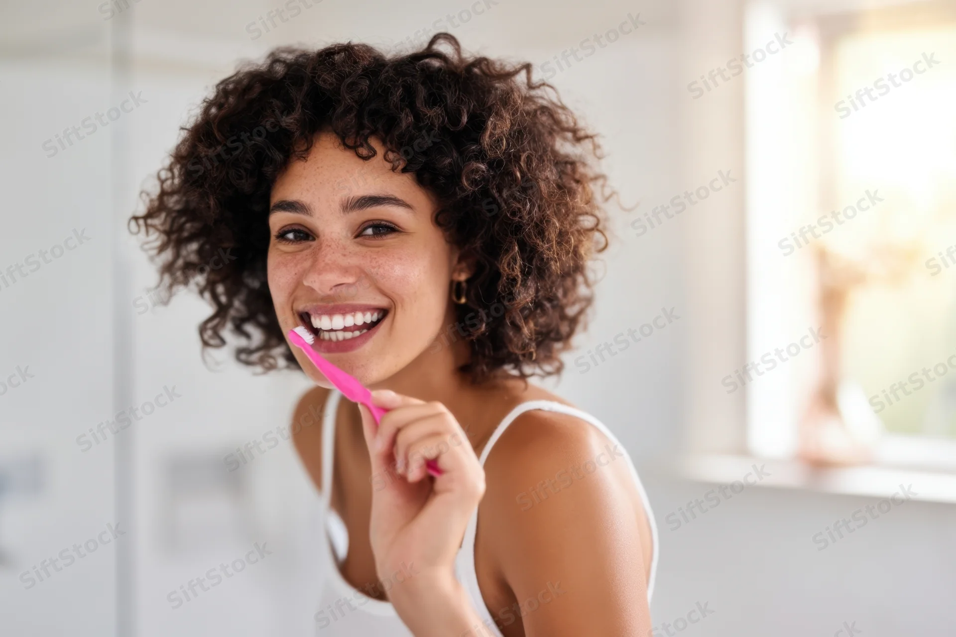 Young woman smiling while brushing her teeth in a bright bathroom