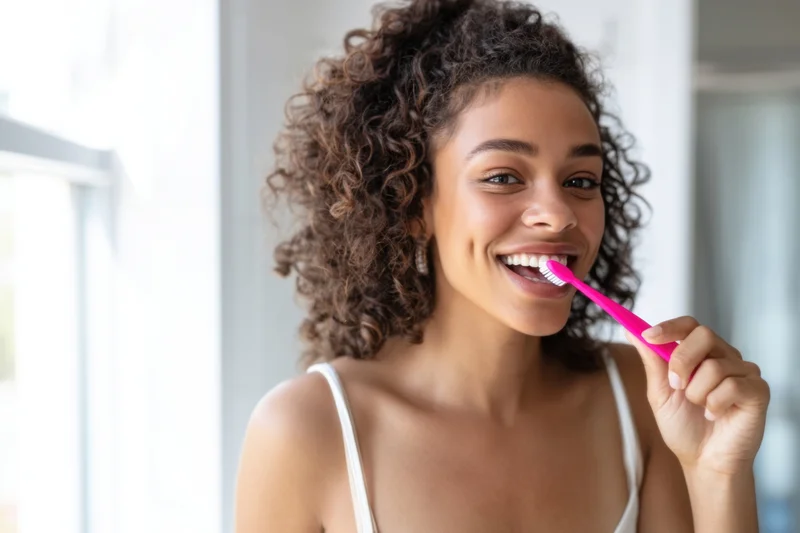 Young african woman smiling while brushing her teeth in a bright bathroom