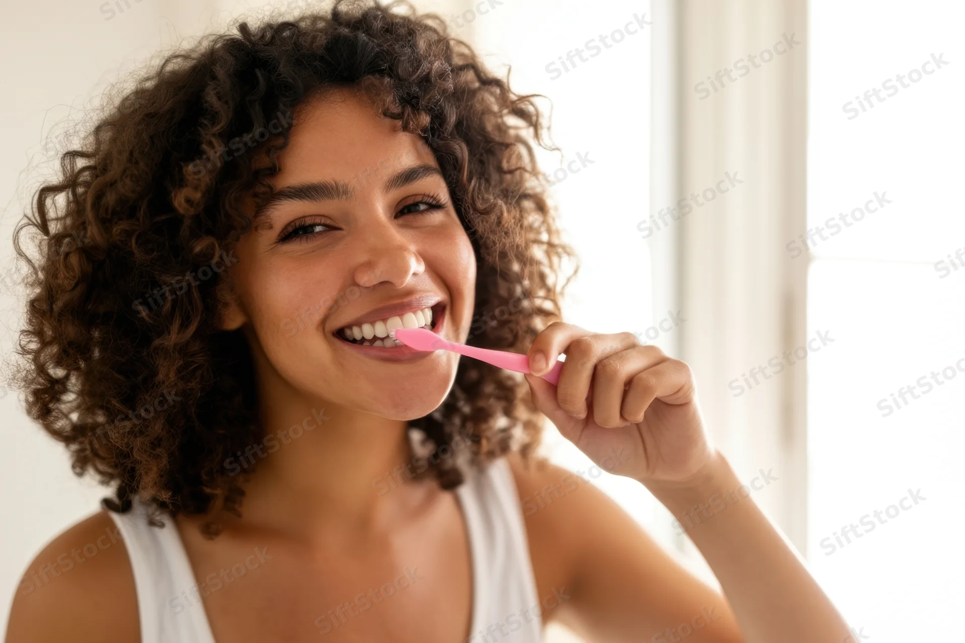 Young woman smiling while brushing her teeth in a bright bathroom