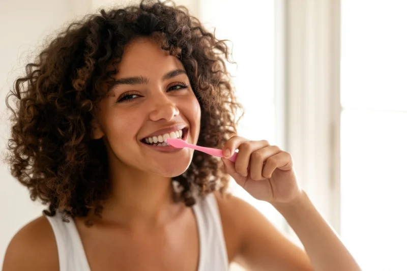 Young woman smiling while brushing her teeth in a bright bathroom