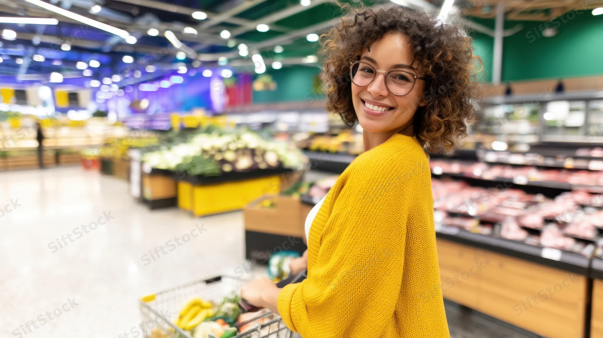 Young woman smiling while shopping with a cart in a supermarket aisle