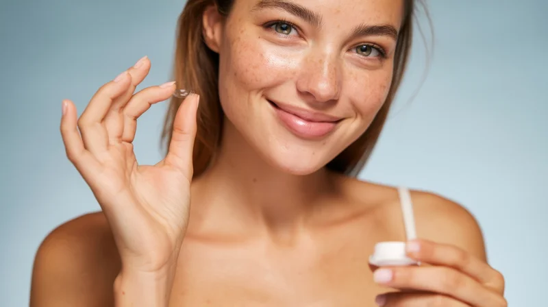 Young woman smiling while holding a skincare capsule in her hand against a light blue background