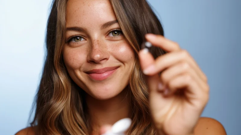 Young woman smiling while holding a skincare dropper bottle in front of her face