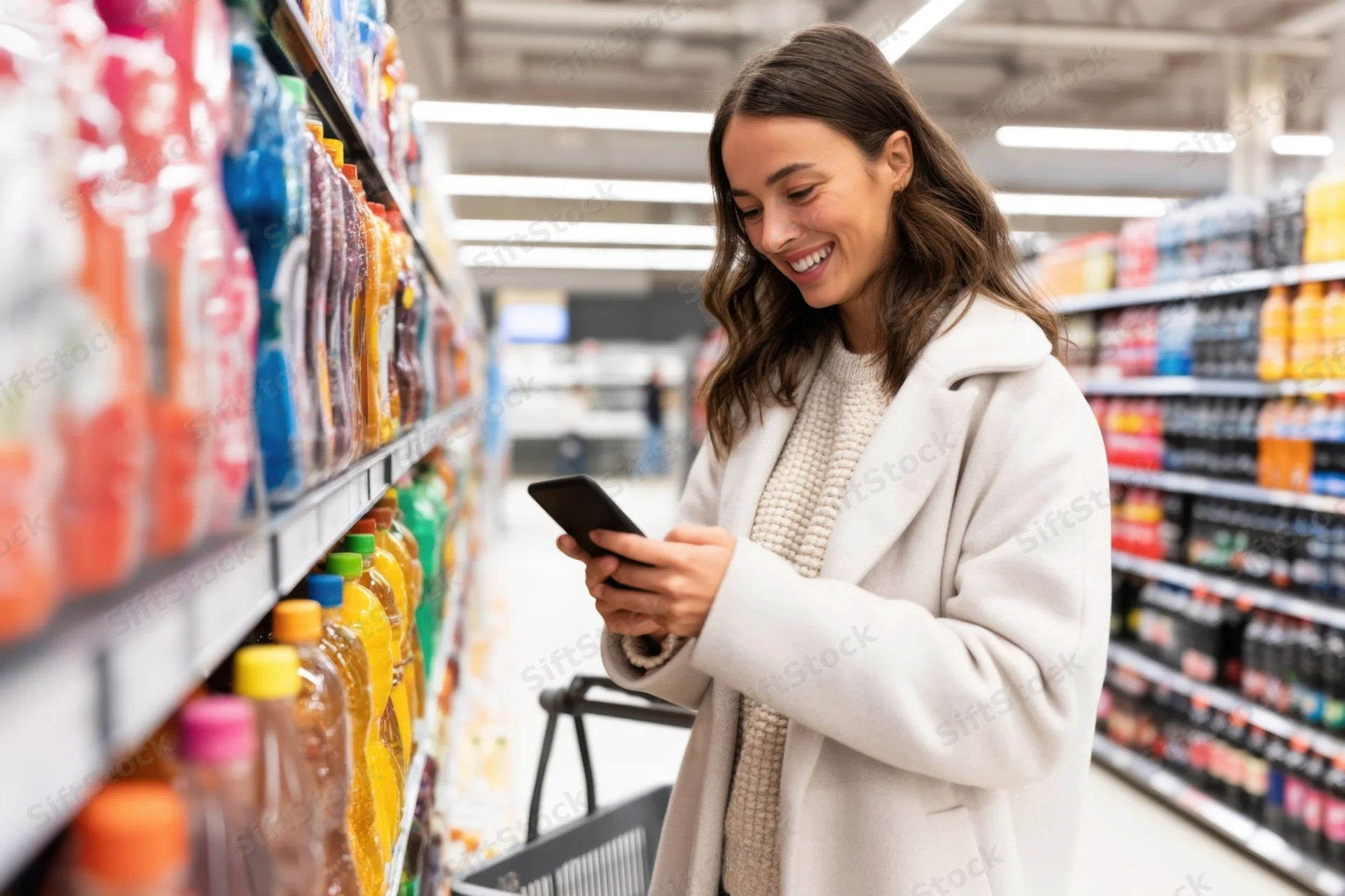 Young woman smiling while using smartphone in supermarket aisle with shopping cart