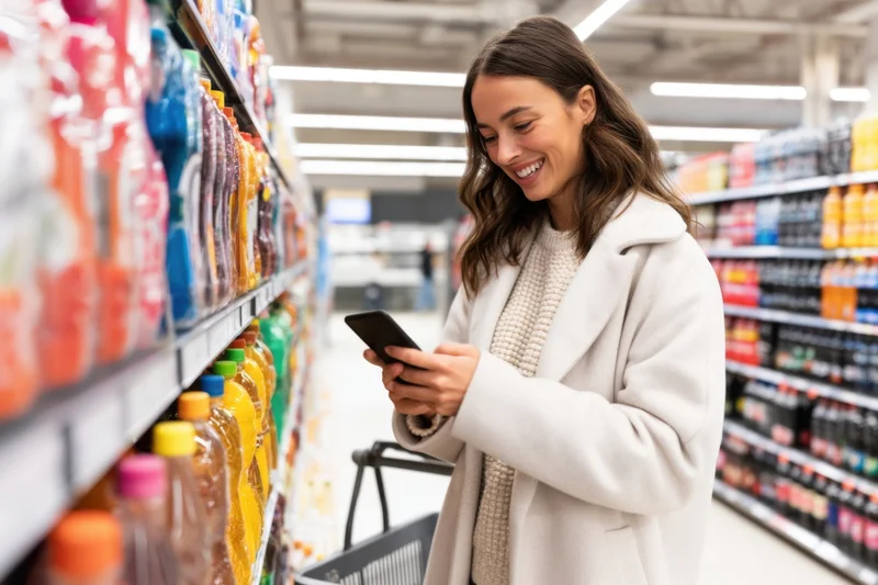 Young woman smiling while using smartphone in supermarket aisle with shopping cart