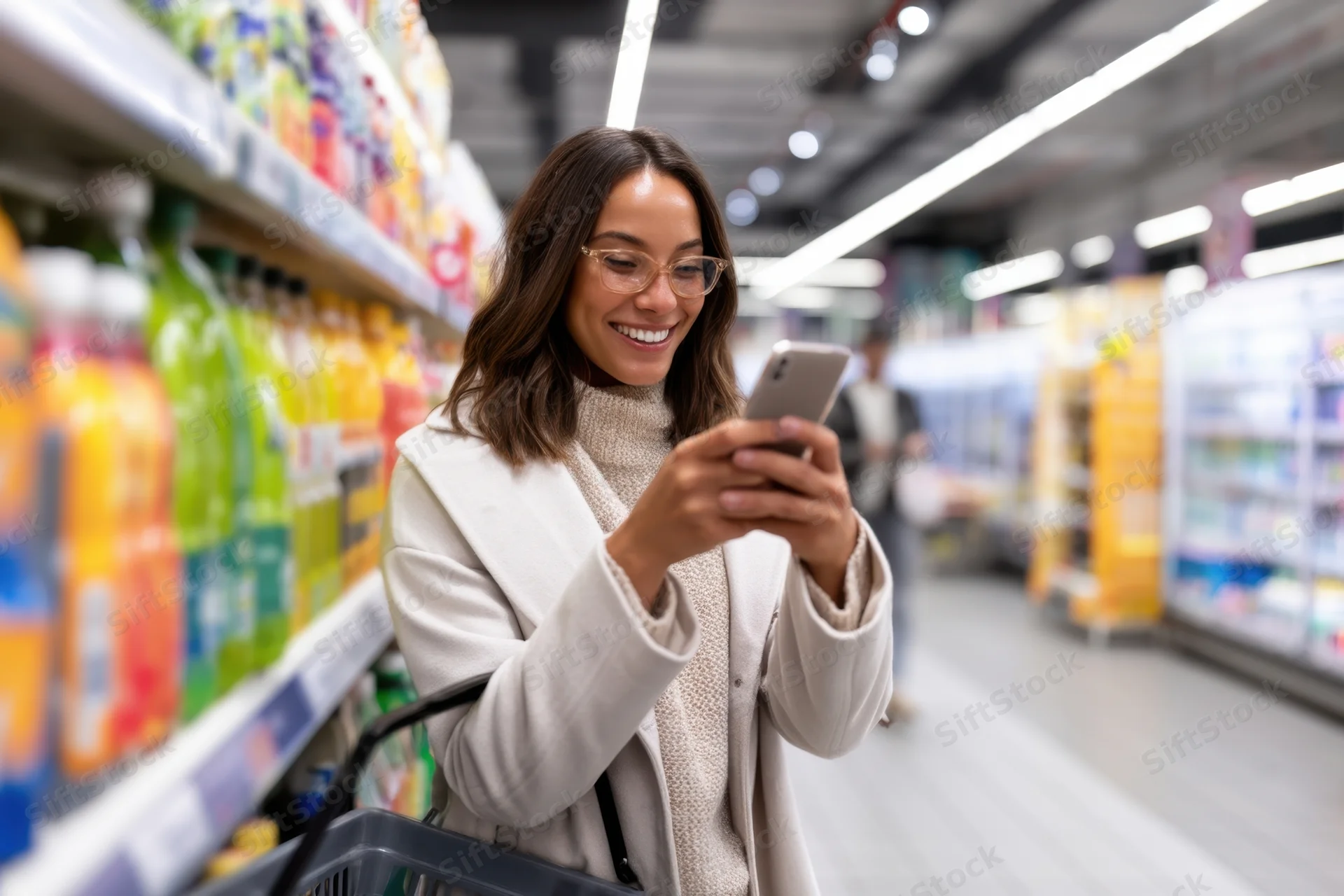 Young woman smiling while using smartphone in supermarket aisle with shopping cart