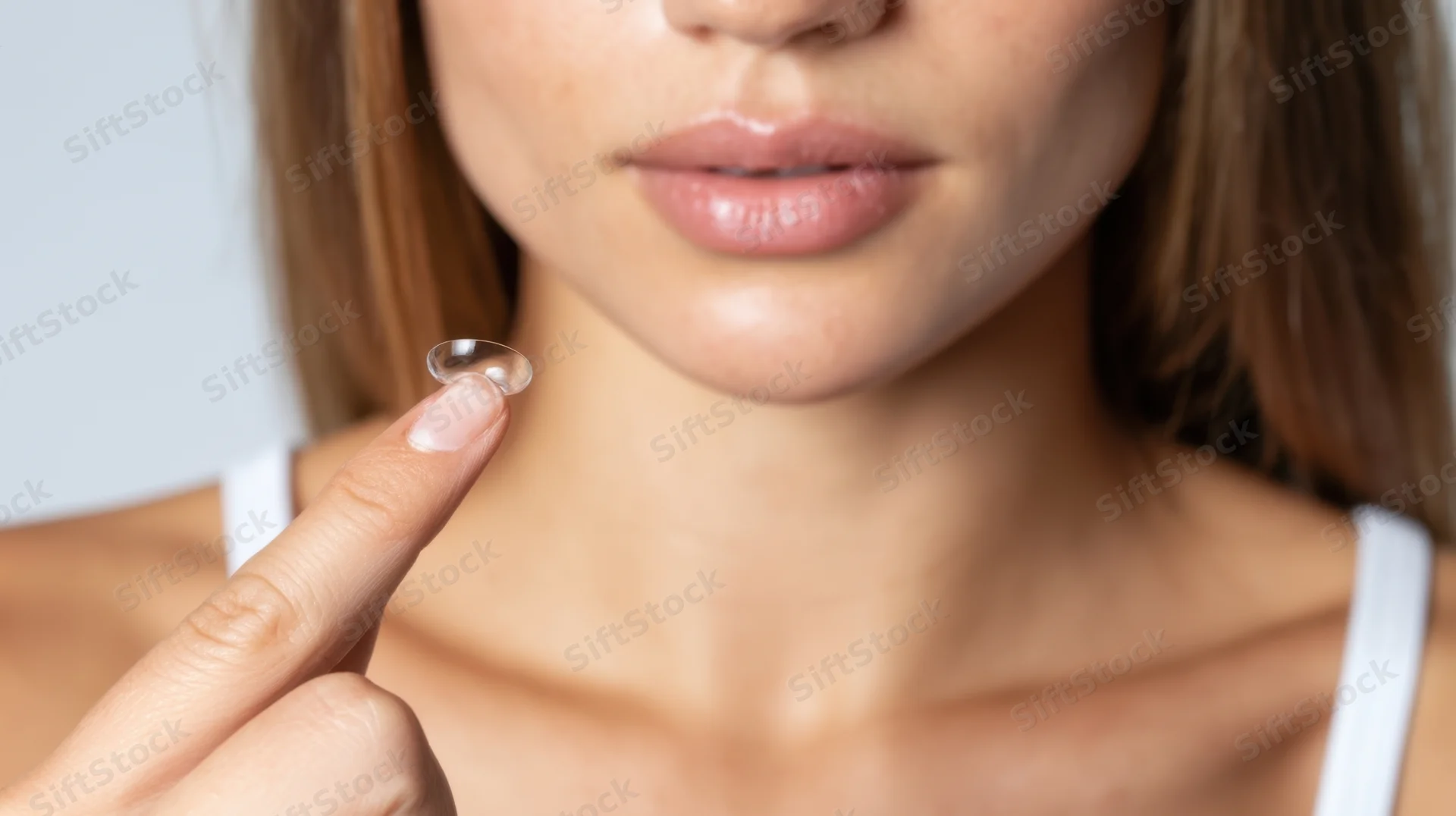 Young woman holding contact lens on fingertip near face