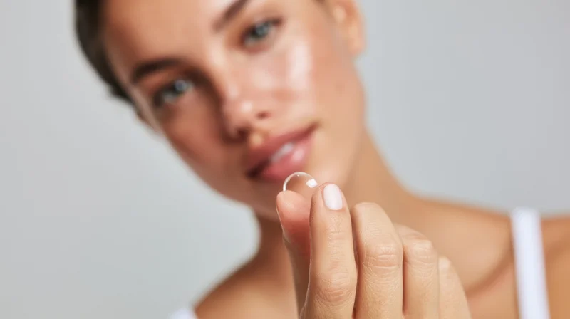 Young woman holding a droplet of skincare serum in her fingers, close-up studio portrait