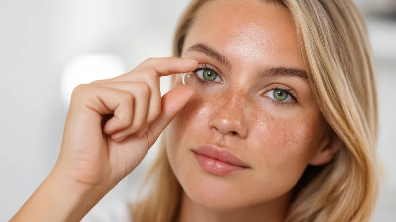 Young woman inserting contact lens into her eye closeup
