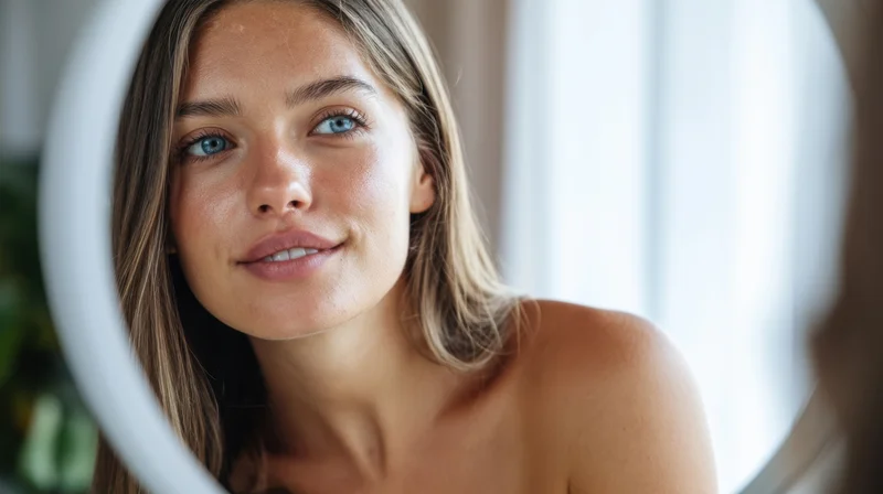 Young woman looking at her reflection in a round mirror with a soft smile, bare shoulders, natural skin, indoor daylight setting