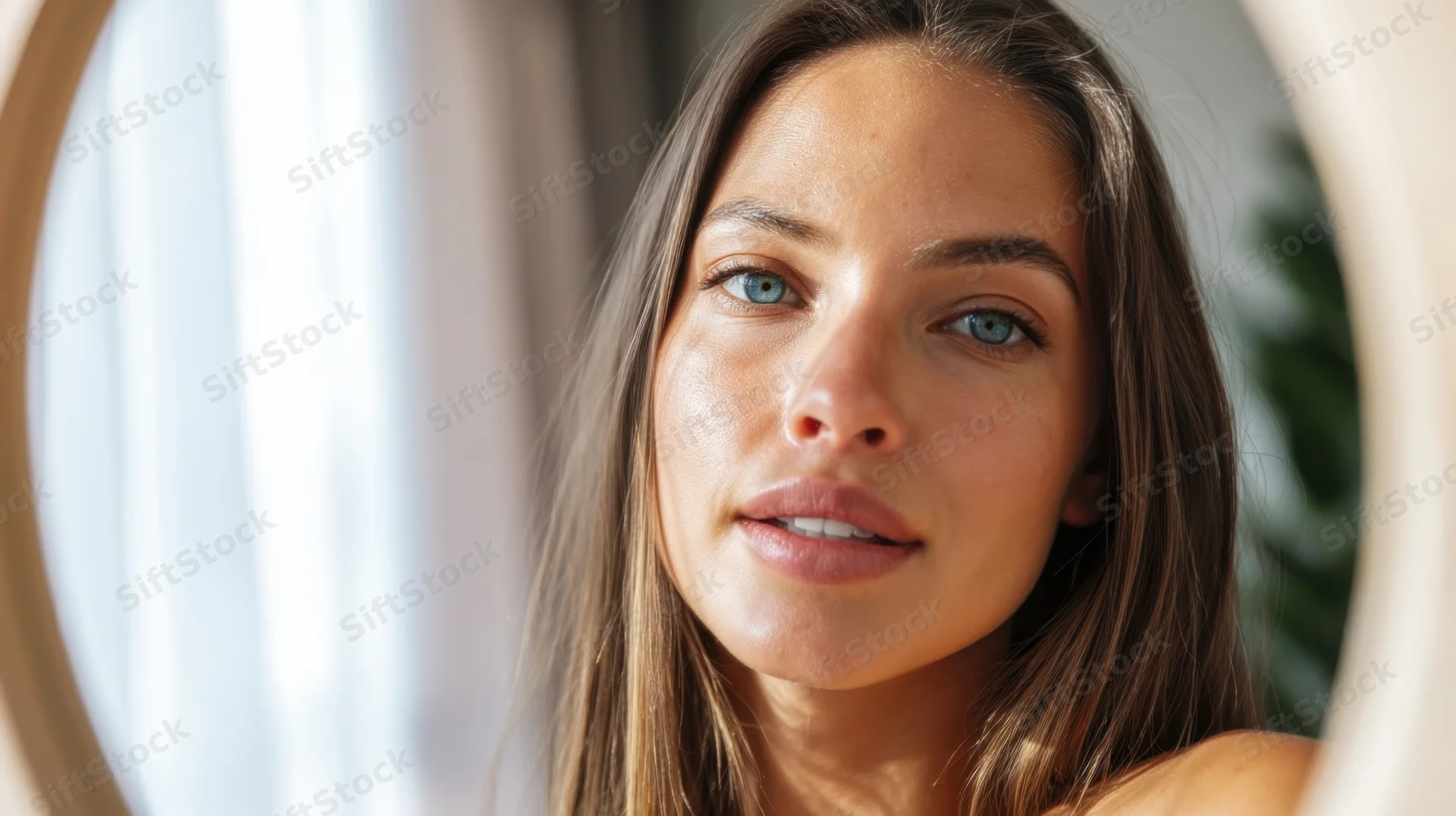 Young woman looking at her reflection in a round mirror indoors