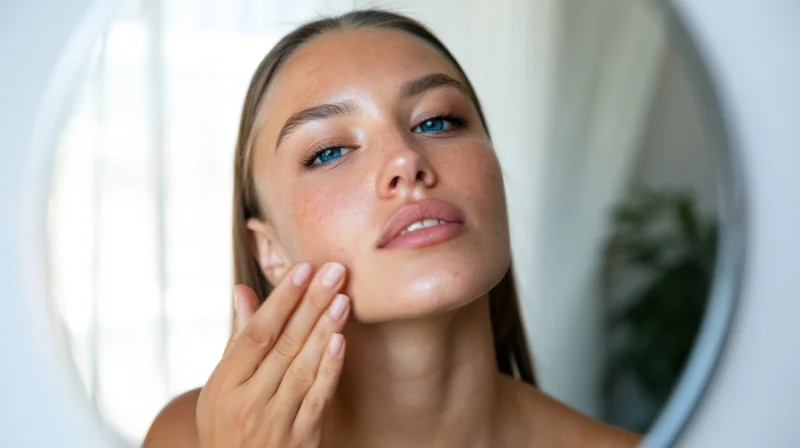 Young woman applying skincare cream to her face in front of a mirror