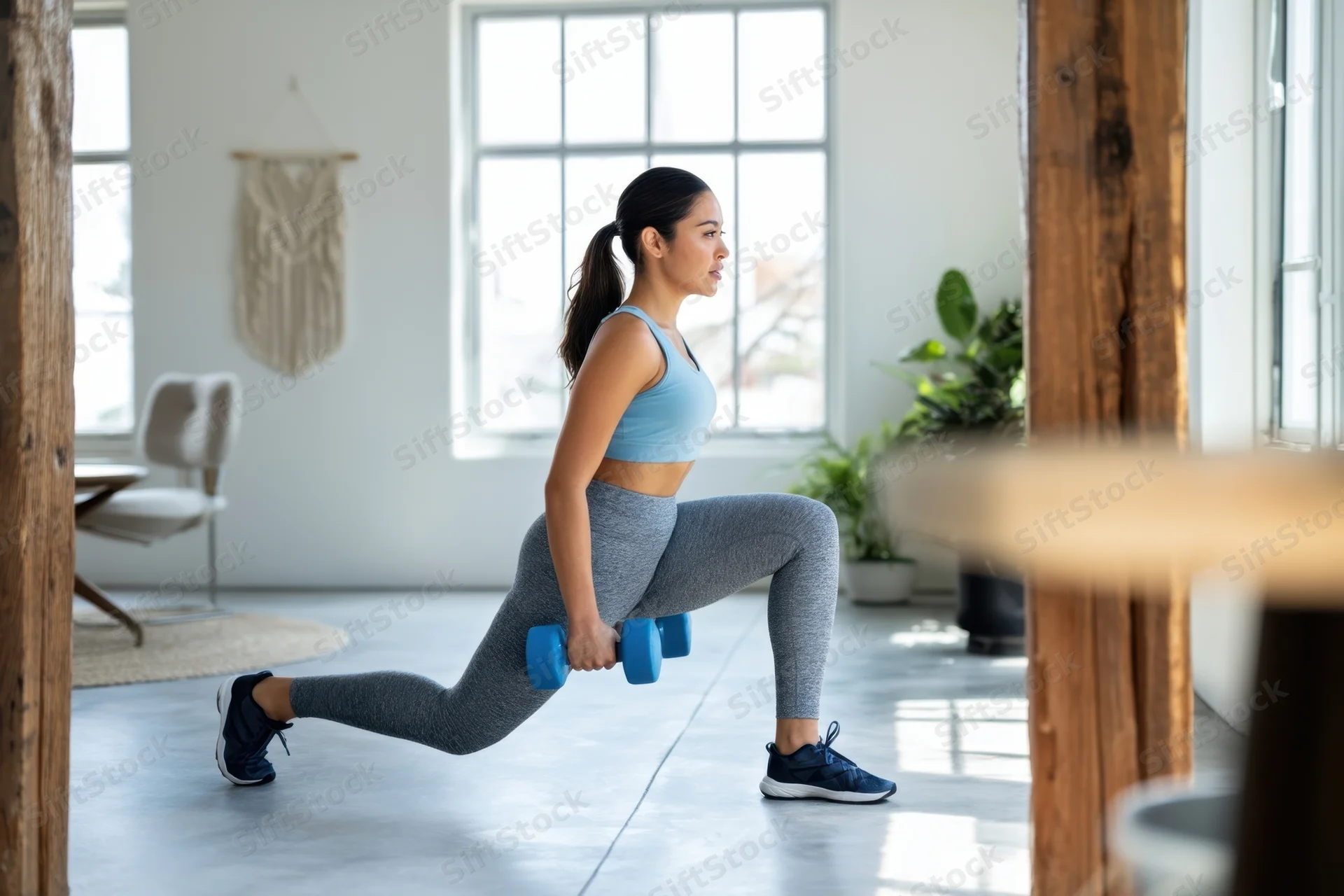 Young woman performing a lunge with dumbbells in a bright home gym space