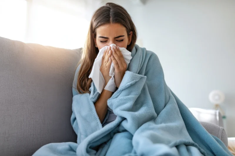 Young woman sneezing into tissue while wrapped in blue blanket on couch