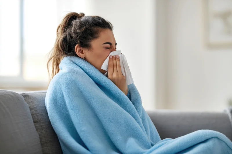 Young woman sneezing into tissue while wrapped in blue blanket on couch