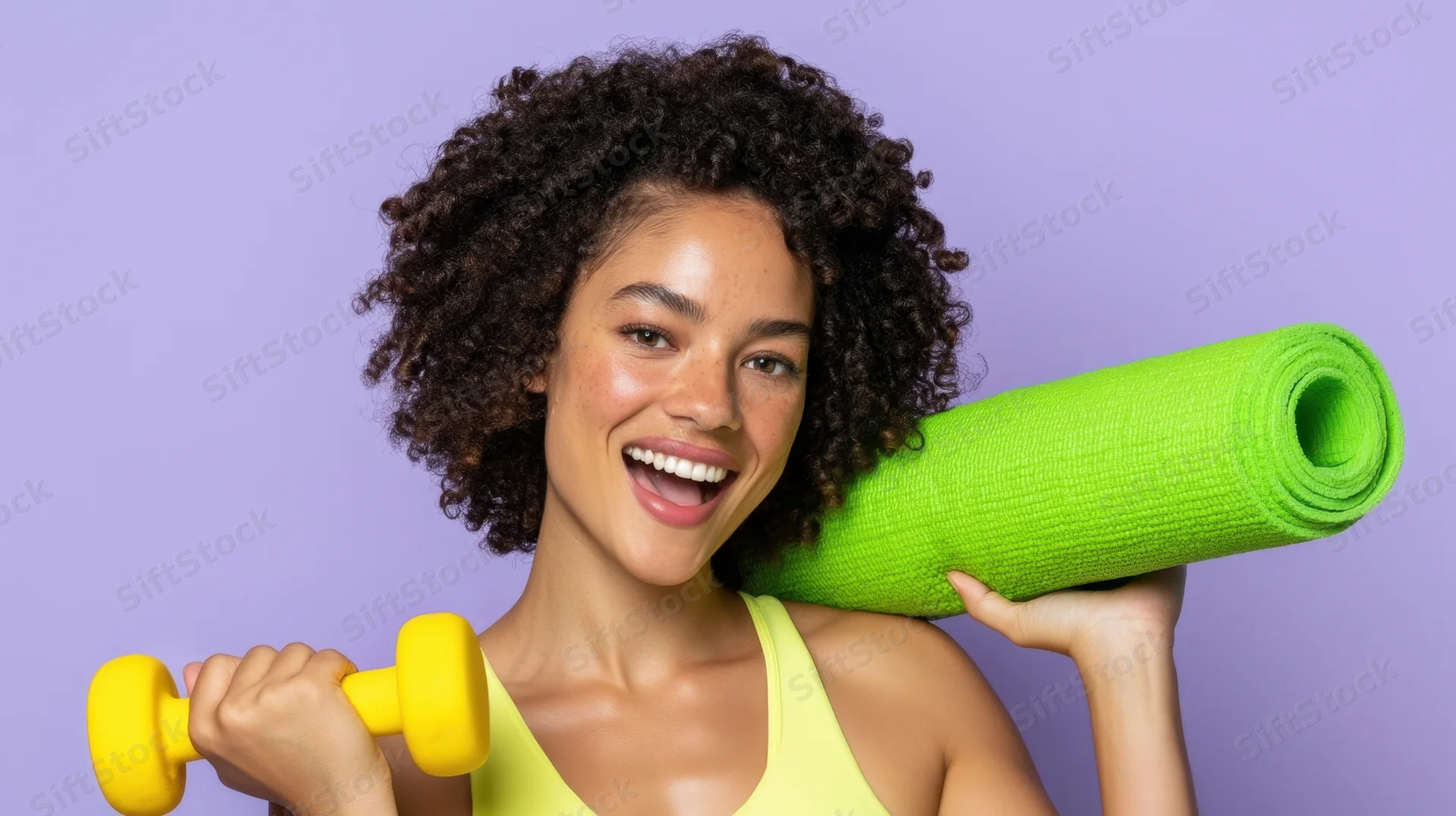 Young black woman smiling while holding dumbbell and yoga mat against purple background
