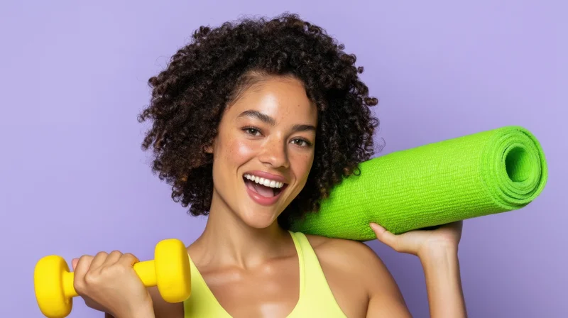 Young black woman smiling while holding dumbbell and yoga mat against purple background